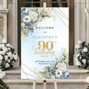 Luxe dusty blue florals eucalyptus gold 90th birth poster