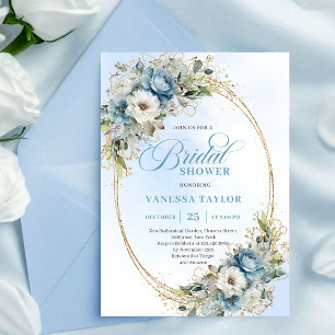Luxe Dusty Blue Flowers Gold Frame Bridal Shower  Invitation