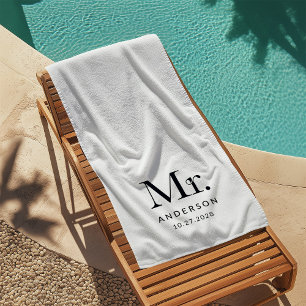 Luxe Elegance Black and White Mister Wedding Date Beach Towel