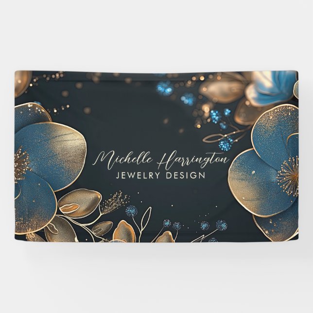 Luxe Elegance Blue and Gold Floral Jewellery Desig Banner (Horizontal)