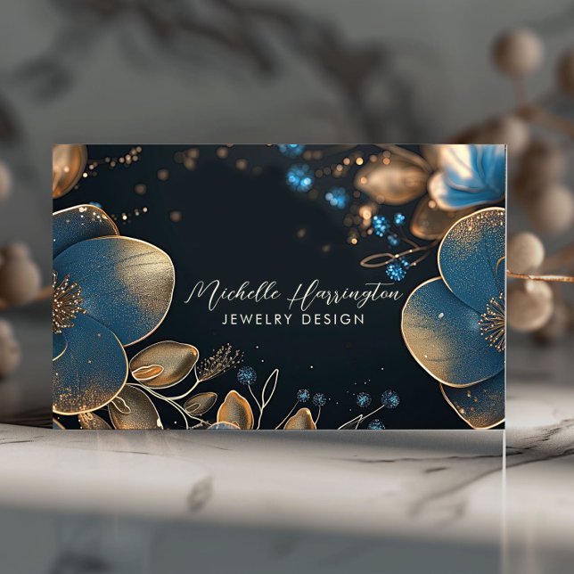 Luxe Elegance Blue and Gold Floral Jewellery Desig Business Card (Creator Uploaded)