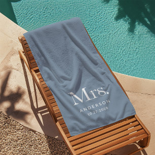 Luxe Elegance Dusty Blue Mrs and Wedding Date Beach Towel