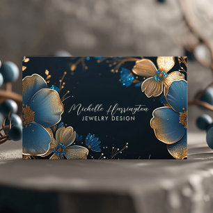 Luxe Elegance Gold and Blue Floral Jewellery Desig Business Card