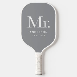 Luxe Elegance Grey Mister and Wedding Date Pickleball Paddle