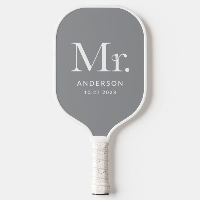 Luxe Elegance Grey | Mister and Wedding Date Pickleball Paddle (Front)