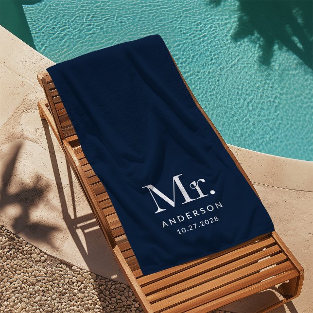 Luxe Elegance Navy Blue | Mister and Wedding Date Beach Towel (Creator Uploaded)