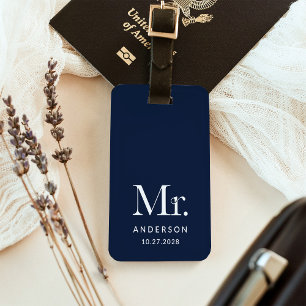 Luxe Elegance Navy Blue   Mr and Wedding Date Luggage Tag