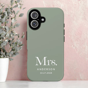 Luxe Elegance   Sage Green Mrs and Wedding Date iPhone 16 Case
