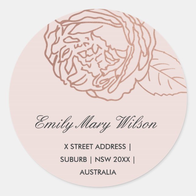 LUXE ELEGANT BLUSH PINK ROSE GOLD FLORAL ADDRESS CLASSIC ROUND STICKER (Front)