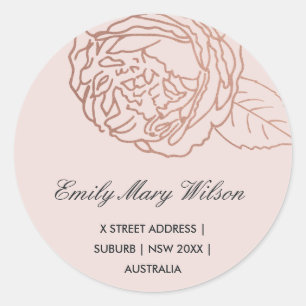 LUXE ELEGANT BLUSH PINK ROSE GOLD FLORAL ADDRESS CLASSIC ROUND STICKER