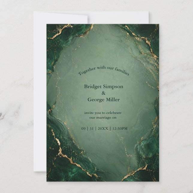 Luxe Emerald Marble Wedding With Gold Invitation (Front)