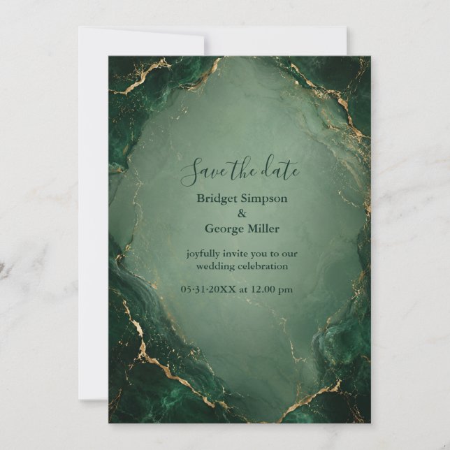 Luxe Emerald Marble Wedding With Gold Invitation (Front)