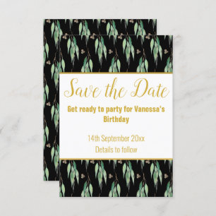 LUXE EUCALYPTUS PATTERN BLACK SAVE THE DATE RSVP