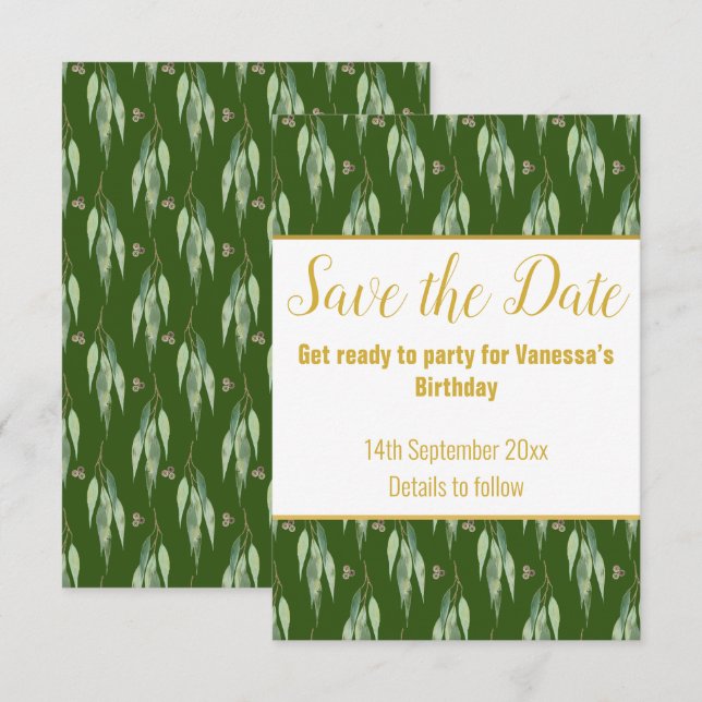 LUXE EUCALYPTUS PATTERN OLIVE SAVE THE DATE RSVP  CARD (Front/Back)