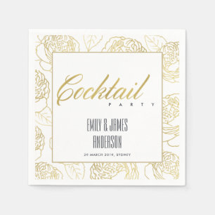 LUXE FAUX GOLD ELEGANT ROSE FLORAL COCKTAIL PARTY NAPKIN