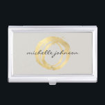 Luxe Faux Gold Painted Circle Designer Logo on Tan Business Card Holder<br><div class="desc">Coordinates with the Luxe Faux Gold Painted Circle Designer Logo on Tan Business Card Template by 1201AM. An organic painted circle in faux metallic gold becomes a luxe logo on this designer business card case. Set on a light tan background for a tonal effect. Personalise with your name or business...</div>