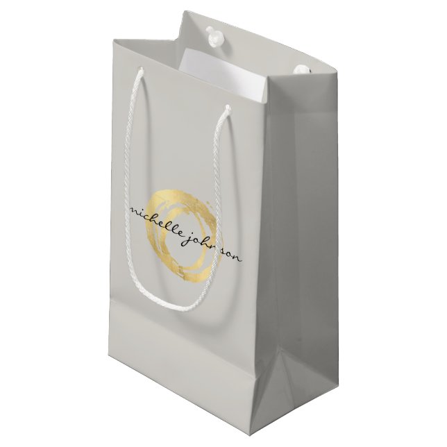 Luxe Faux Gold Painted Circle Designer Logo on Tan Small Gift Bag (Front Angled)