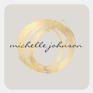 Luxe Faux Gold Painted Circle Designer Logo on Tan Square Sticker