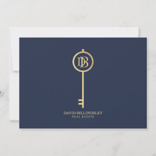 Luxe Faux Gold Skeleton Key Monogram Navy Card