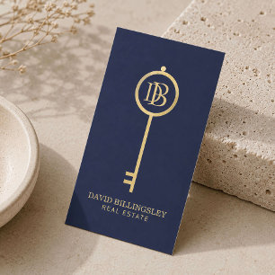 Luxe Faux Gold Skeleton Key Monogram Realtor Navy  Business Card