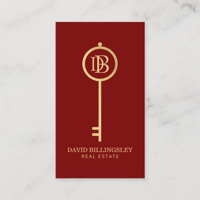 Luxe Faux Gold Skeleton Key Monogram Realtor Red Business Card (Front)