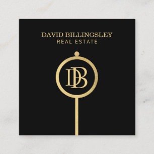 Luxe Faux Gold Skeleton Key Monogram Realtor Square Business Card