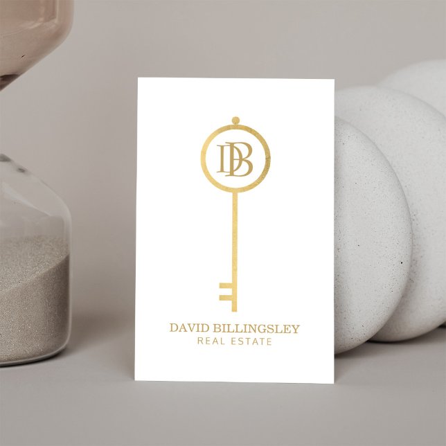 Luxe Faux Gold Skeleton Key Monogram Realtor White Business Card (Creator Uploaded)