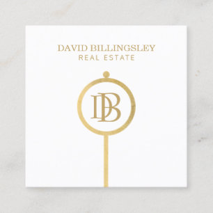 Luxe Faux Gold Skeleton Key Monogram Realtor White Square Business Card