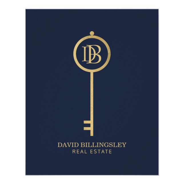 Luxe Faux Gold Skeleton Key Navy Logo Download Poster (Front)