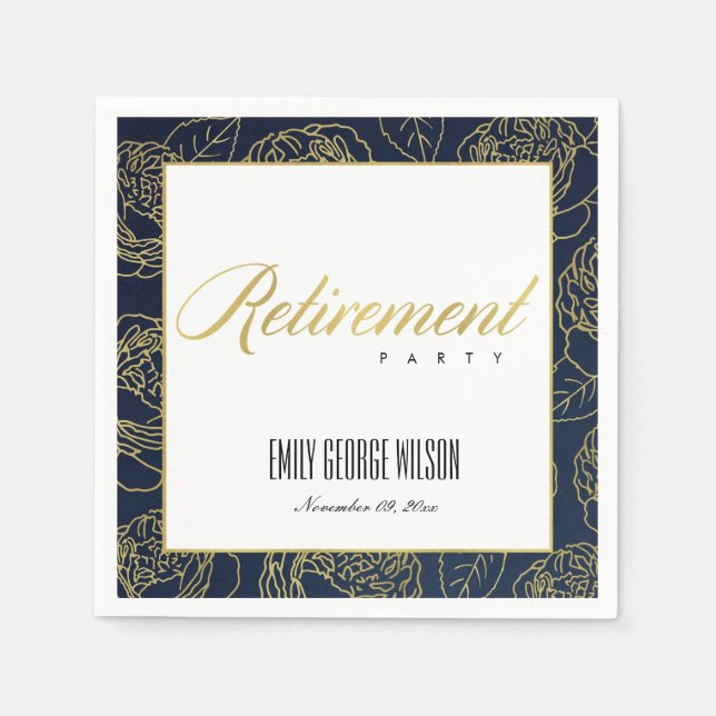 LUXE FAUX GOLD WHITE NAVY ROSE FLORAL RETIREMENT NAPKIN (Front)