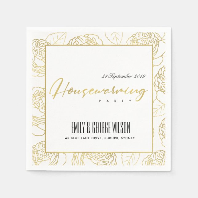 LUXE FAUX GOLD WHITE ROSE FLORAL HOUSEWARMING NAPKIN (Front)