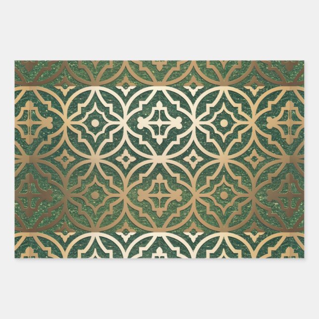 Luxe Faux Green Glitter Metallic Gold Kaleidoscope Wrapping Paper Sheet (Front)