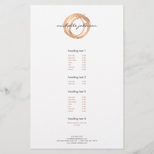 Luxe Faux Rose Gold Painted Circle Price List Flyer (Front)