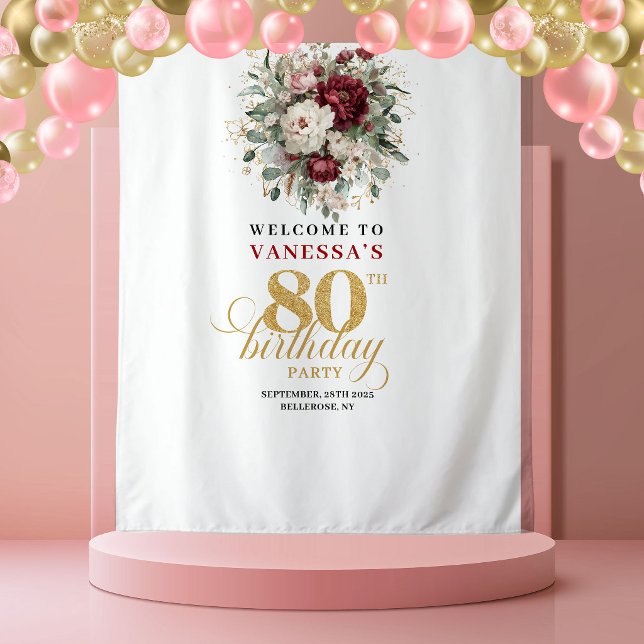 Luxe Floral Gold 80th Birthday Backdrop Tapestry (Luxe Floral Gold 80th Birthday Backdrop)