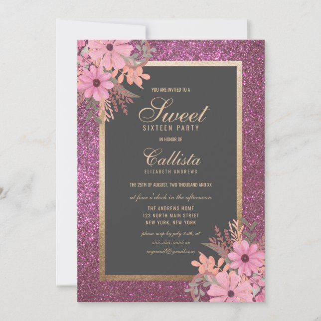 Luxe Floral Radiance: Modern Sweet Sixteen Invitation (Front)