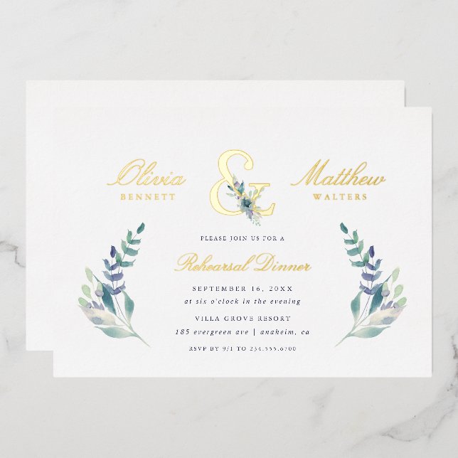 Luxe Floral Wedding Rehearsal Dinner Foil Invitati (Front/Back)