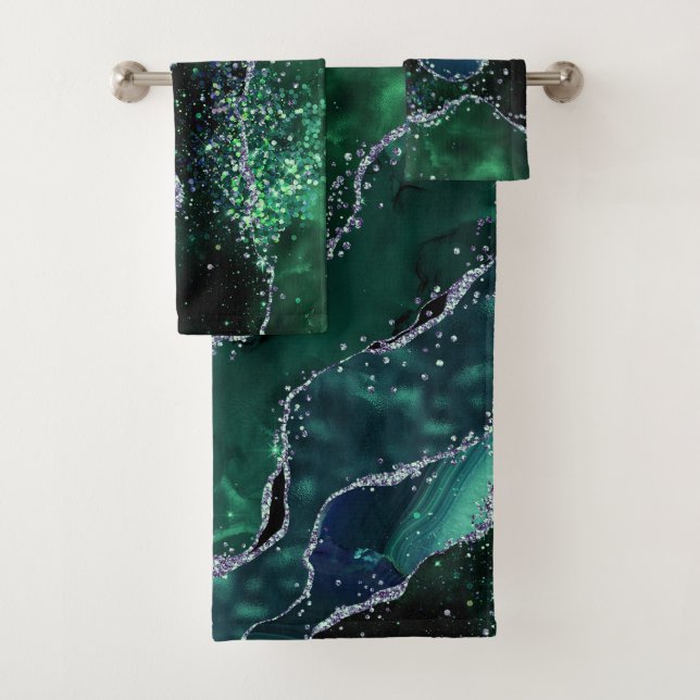 Luxe Gemstone Emerald Glitter Agate Bath Towel Set (Insitu)