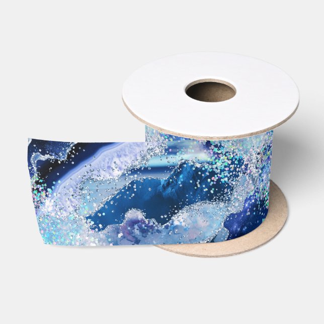 Luxe Gemstone Marble Blue Glitter Agate Satin Ribbon (Spool)
