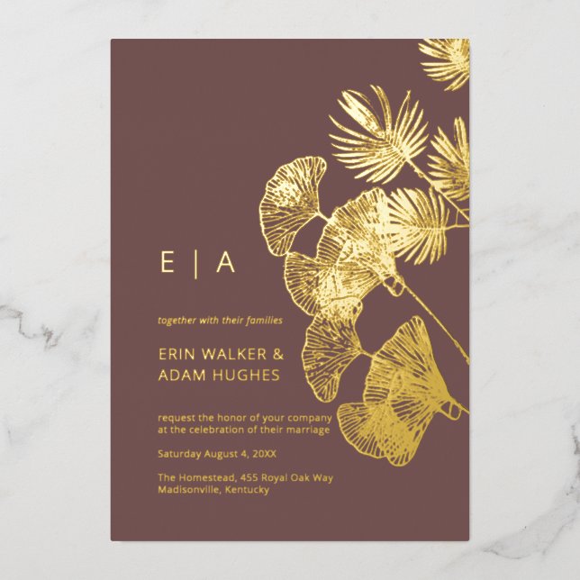 Luxe Gingko Leaf Real Gold Wedding  (Front)