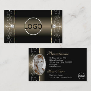 Luxe Glam Black Beige Squiggled Jewels Logo Photo Business Card