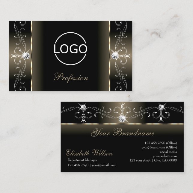 Luxe Glam Black Beige Squiggled Jewels with Logo Business Card (Front/Back)