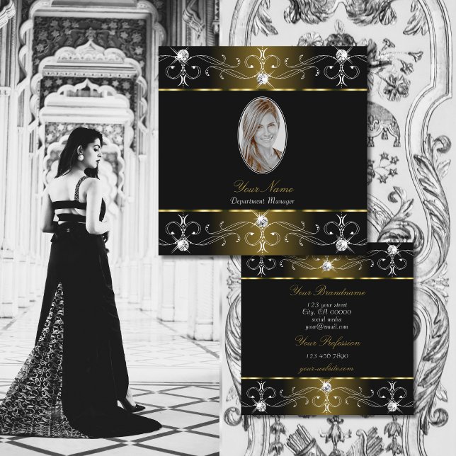 Luxe Glam Gold Black Ornate Ornaments with Photo Square Business Card (Creator Uploaded)
