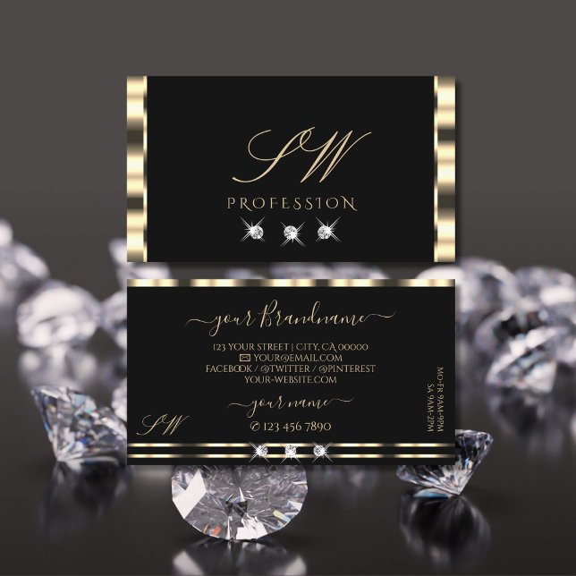 Luxe Glam Gold Black Sparkling Diamonds Initials Business Card (Creator Uploaded)