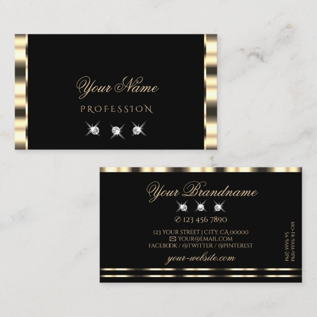 Luxe Glam Gold Black Sparkling Diamonds Luxurious Business Card (Front/Back)
