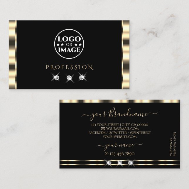 Luxe Glam Gold Black Sparkling Diamonds with Logo Business Card (Front/Back)