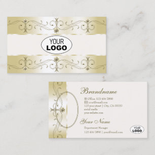 Luxe Glam Gold Cream Ornate Borders Logo and Photo Business Card