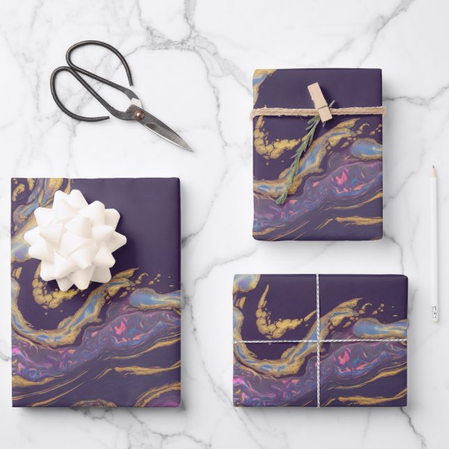 Luxe Glam Iridescent Marble Swirls Gift Wrap Set (Front)