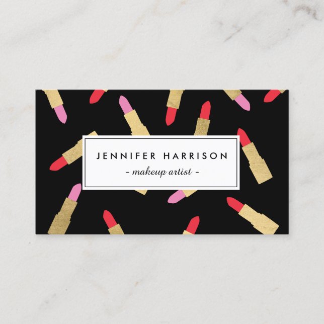 Luxe Glam Lipstick Pattern on Black Makeup Artist Business Card (Front)