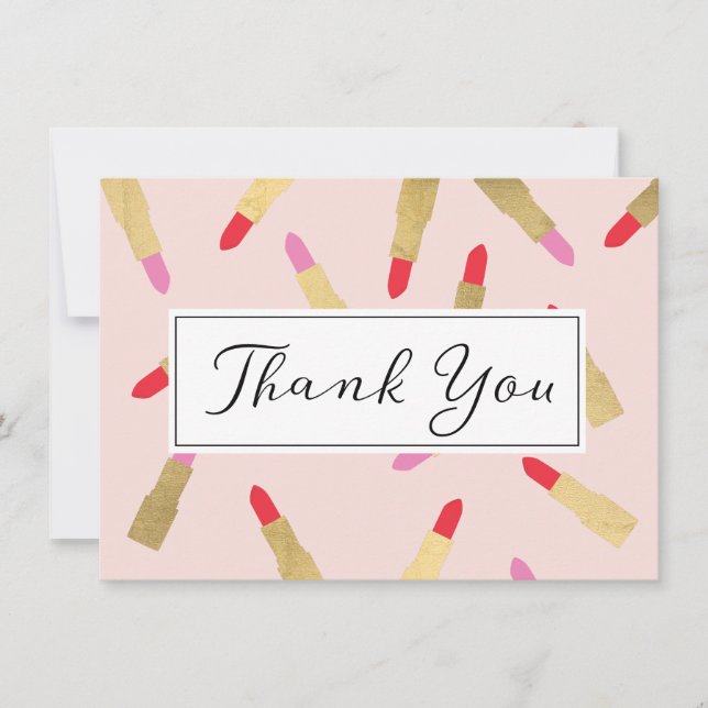 Luxe Glam Lipstick Pattern on Pink Thank You Card (Front)