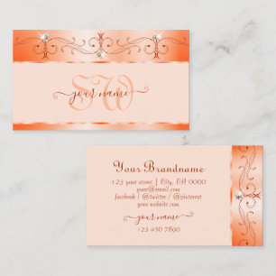 Luxe Glam Peach Ornate Sparkling Jewels Monogram Business Card